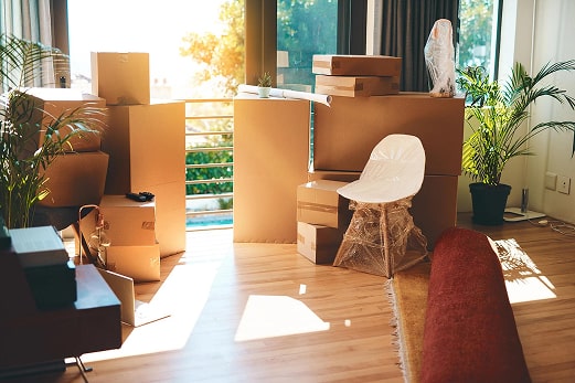 A room with cardboard boxes and furniture, illuminated by sunlight.