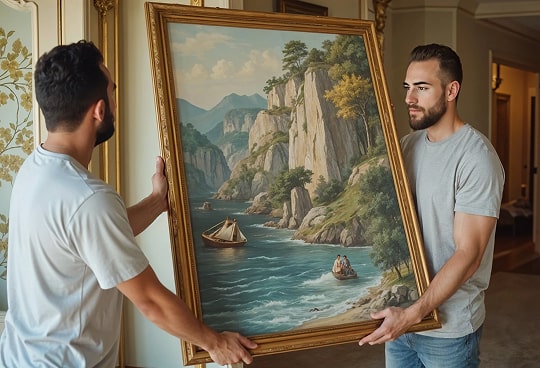 Two men holding a large framed painting of a rocky coastline with boats.